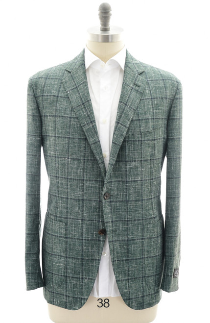 Belvest Sport Coat Jacket Wool Silk Linen Green Blue Windowpane