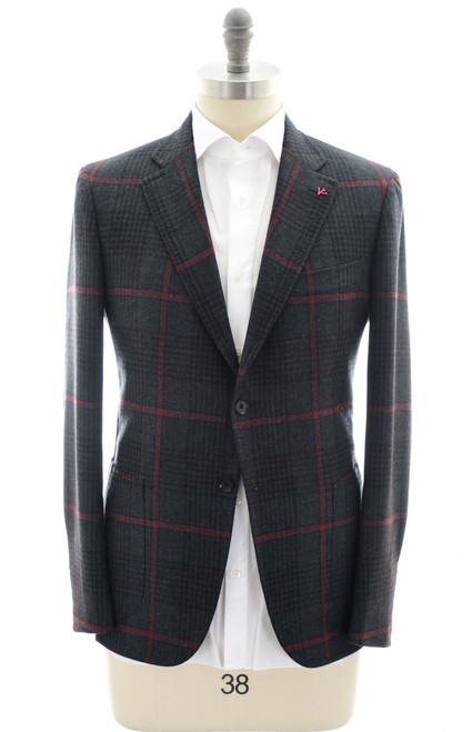Isaia Sport Coat Jacket Capri Wool Cashmere Gray Red Plaid