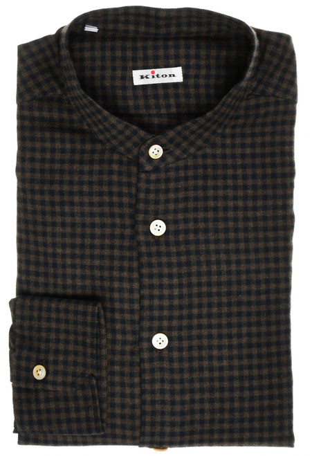 Kiton Shirt Mandarin Cotton Flannel Brown Dark Navy Blue Check