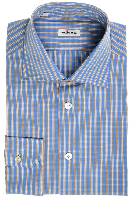 Kiton Shirt Cotton Blue Yellow Check Kiton Shirt Cotton Blue Yellow Check
