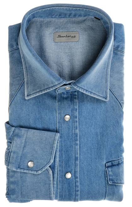 Sartorio By Kiton Napoli Western Denim Shirt Cotton Blue