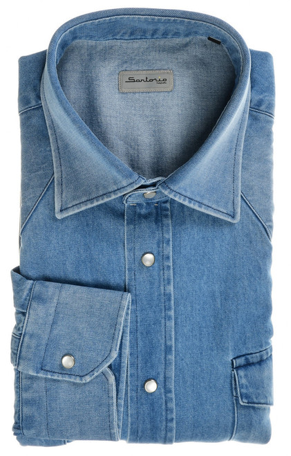 Sartorio Blue Cotton Western Denim Sport Shirt Sartorio Blue Cotton Western Denim Sport Shirt