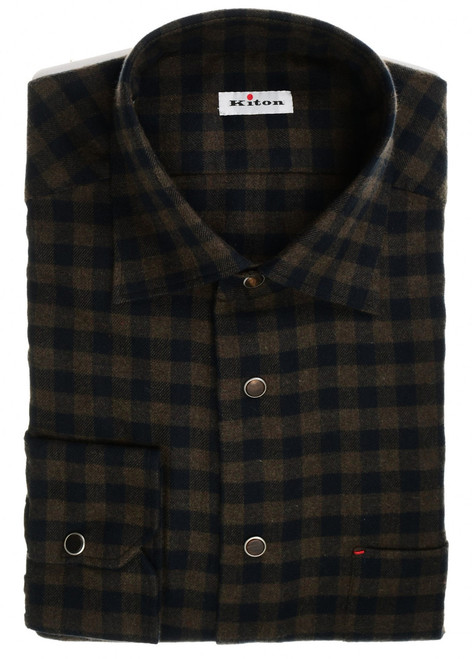 Kiton Nerano Men's Italian Designer Shirts – Brown and Blue Check Cotton Flannel