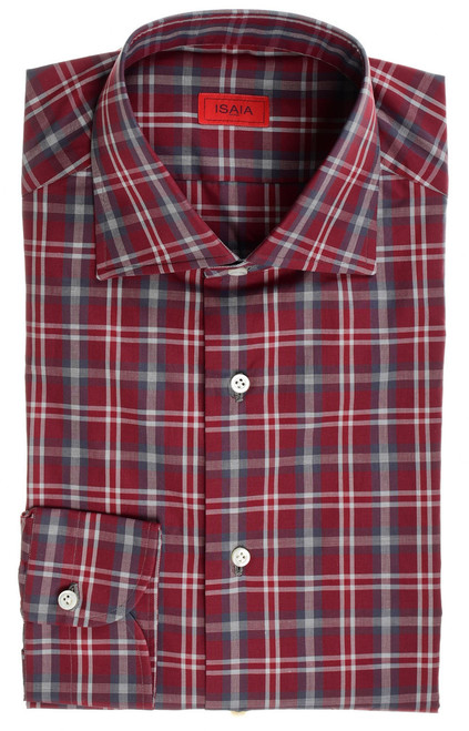 Isaia Red Gray Plaid Cotton Mix Dress Shirt