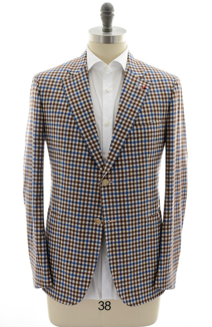 Isaia Brown Blue Check Wool Cashmere Sport Coat