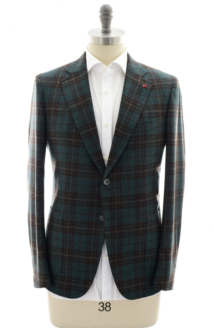 Isaia Green Brown Plaid Wool Silk Cashmere Sport Coat