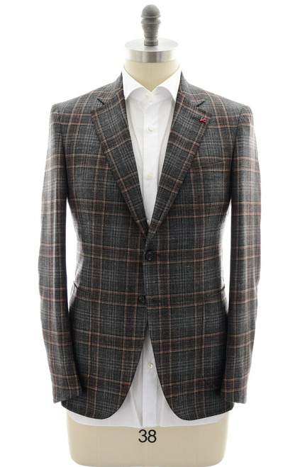 Isaia Gray Brown Plaid Wool Cashmere Silk Linen Sport Coat