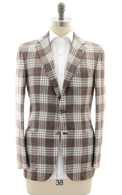 Kiton Brown Plaid Cashmere Wool Silk Linen Sport Coat