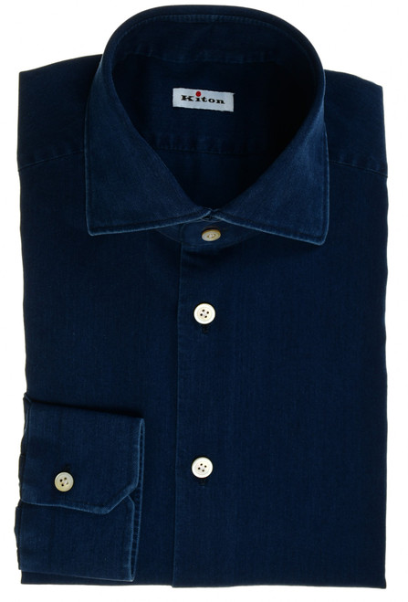 Kiton Blue Fine Cotton Denim Sport Shirt