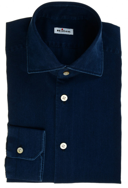 Kiton Blue Fine Cotton Denim Sport Shirt