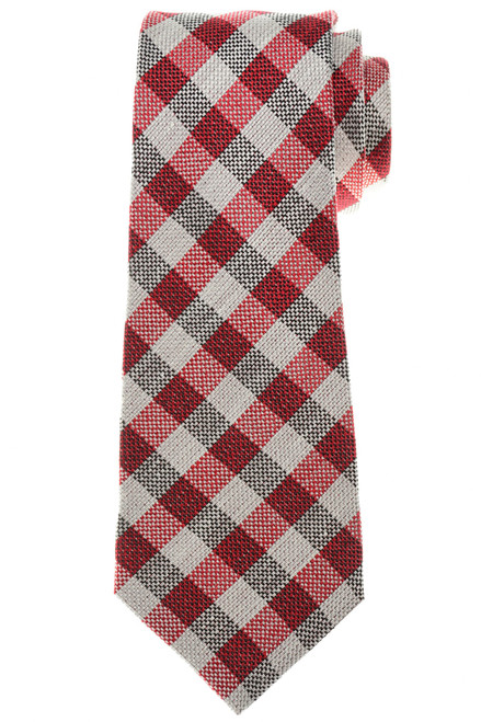 Kiton Red Gray Check Silk Linen Tie
