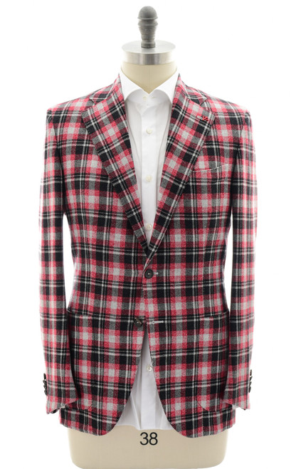 Isaia Red Black Gray Plaid Wool Cashmere Sport Coat