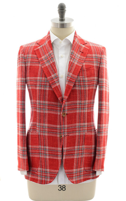 Sartorio Red Gray Plaid Wool Silk Polyamide Cotton Sport Coat