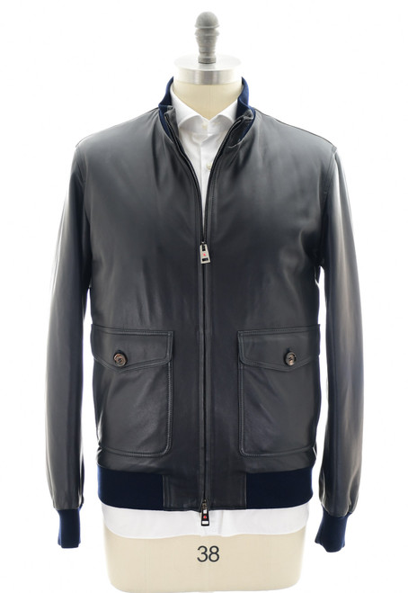 Kired Blue Lambskin Leather Bomber Jacket
