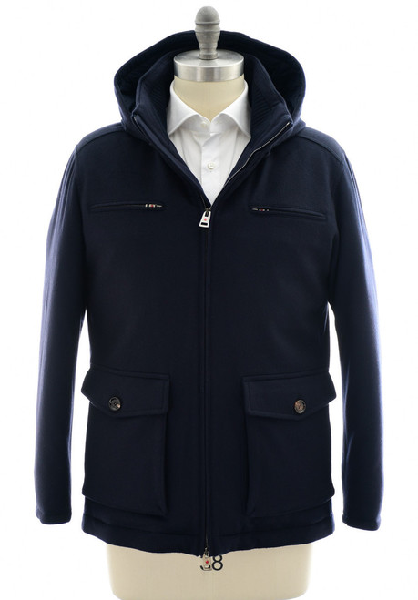 Kired Navy Blue Cashmere Down Field Jacket Coat With Removable Hood