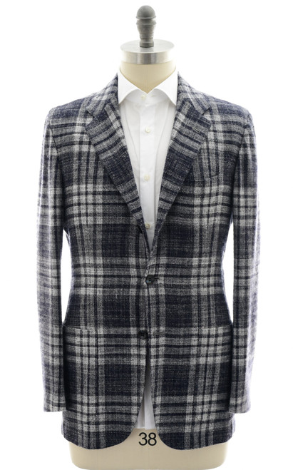 Kiton Napoli Blue Gray Plaid Cashmere Silk Sport Coat