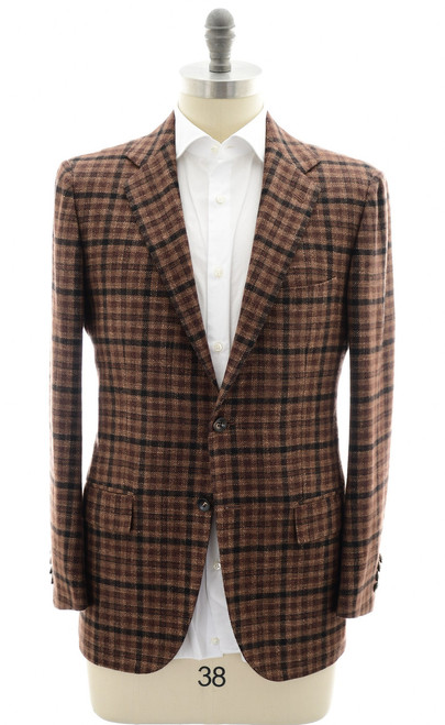 Kiton Napoli Brown Black Check Cashmere Wool Silk Blend Sport Coat