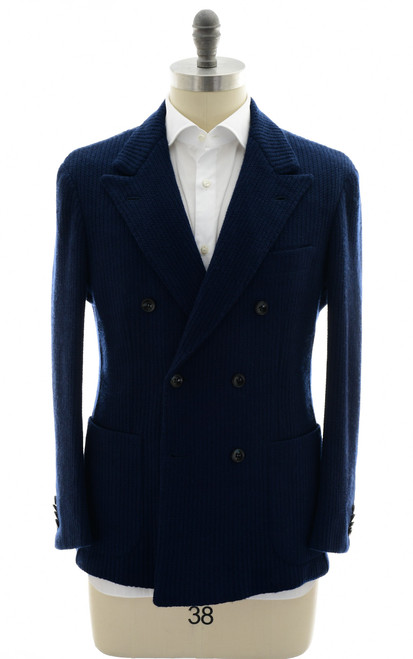 Kiton Napoli Dark Blue Cashmere Thick Knit Double Breasted Sport Coat