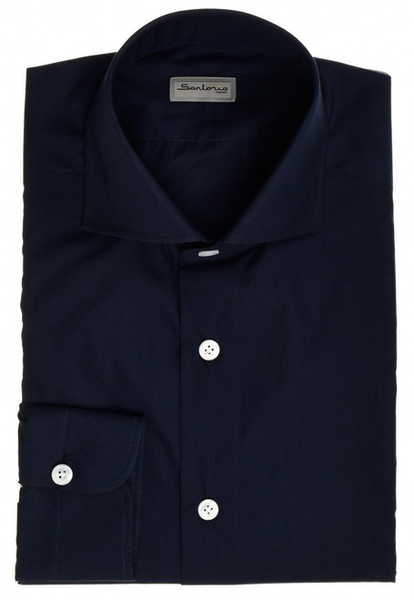 Sartorio Napoli Dark Navy Blue Superfine Poplin Cotton Dress Shirt