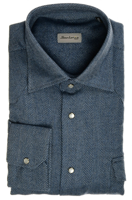 Sartorio Napoli Blue Herringbone Cotton Flannel Texas Western Shirt