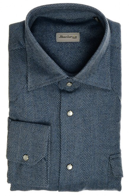 Sartorio Napoli Blue Herringbone Cotton Flannel Texas Western Shirt