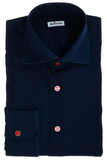 Kiton Napoli Blue Fine Cotton Denim Snap Front Sport Shirt