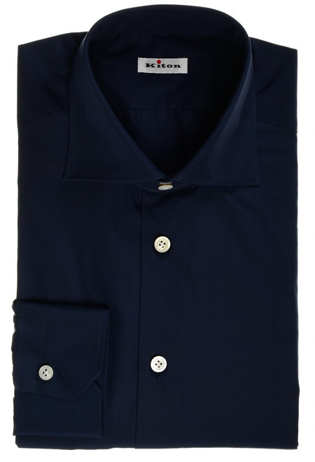 Kiton Napoli Dark Navy Blue Cotton Poplin Dress Shirt