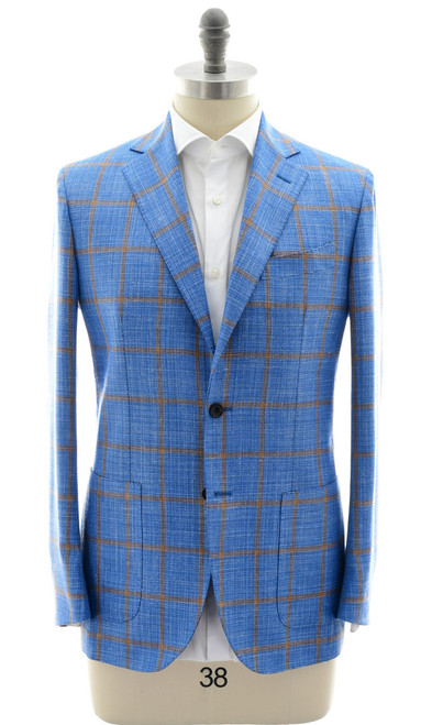 Sartorio Blue Brown Windowpane Wool Silk Linen Sport Coat