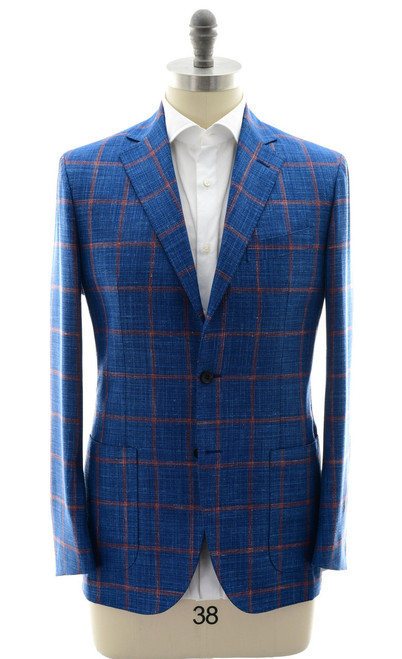 Sartorio Blue Red Windowpane Wool Silk Linen Sport Coat