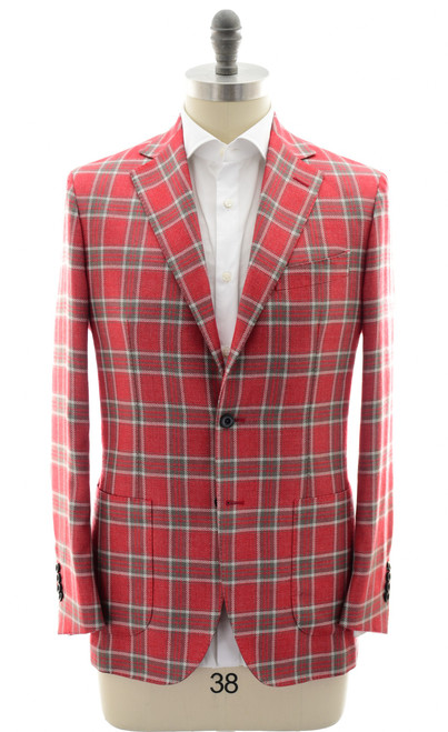 Sartorio Napoli Red Gray Plaid Cashmere Silk Sport Coat