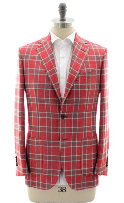 Sartorio Napoli Red Gray Plaid Cashmere Silk Sport Coat