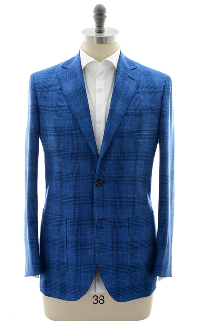 Sartorio Blue Plaid Wool Silk Linen Sport Coat