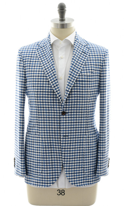 Sartorio Blue White Check Wool Silk Cotton Blend Sport Coat
