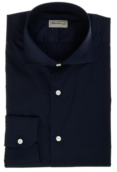 Sartorio Napoli Dark Midnight Navy Blue Cotton Stretch Poplin Dress Shirt