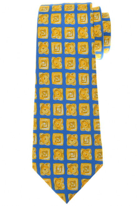 Kiton Napoli Yellow Blue Geometric Printed Silk Tie