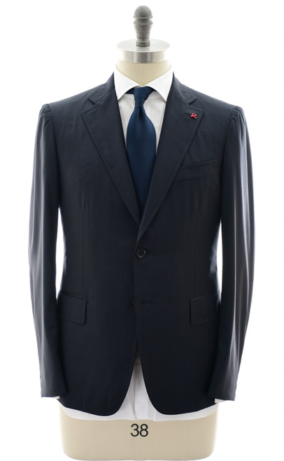 Isaia Napoli Dark Blue Gray Stripe 100% Wool Suit
