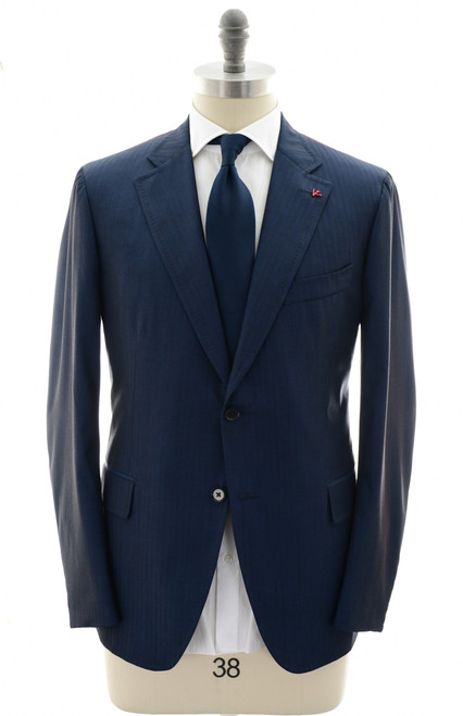 Isaia Napoli Dark Blue Herringbone 100% Wool Suit