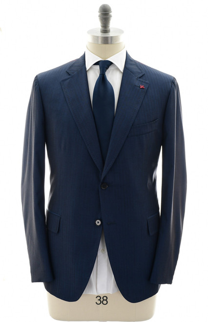 Isaia Napoli Dark Blue Herringbone 100% Wool Suit
