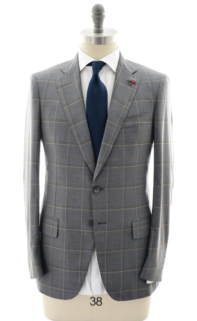 Isaia Napoli Gray Camel Windowpane 100% Wool Suit