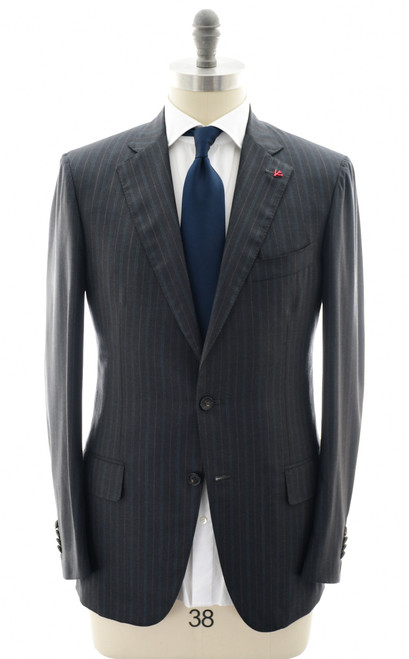 Isaia Napoli Gray Teal blue Stripe 100% Wool Suit