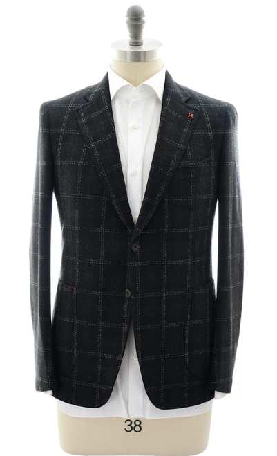 Isaia Napoli Black Gray Plaid Wool Cashmere Sport Coat