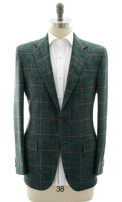 Kiton Green Brown Windowpane Wool Silk Cotton Sport Coat