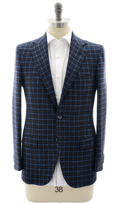 Kiton Blue Brown Check Wool Silk Linen Sport Coat