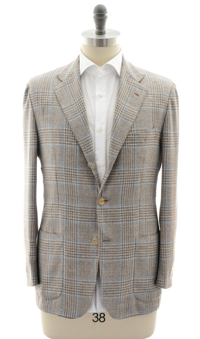 Kiton Brown Blue Plaid Wool Cashmere Silk Linen Sport Coat