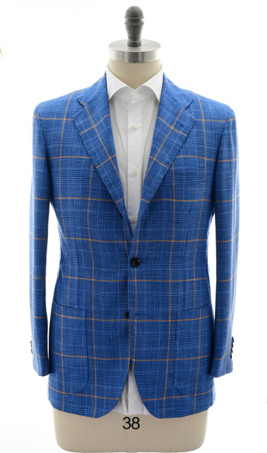 Kiton Blue Plaid Orange Windowpane Cashmere Wool Silk Linen Sport Coat