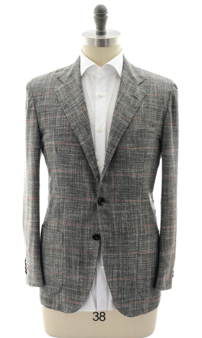 Kiton Napoli Gray Red Windowpane Cashmere Wool Silk Linen LASA Sport Coat