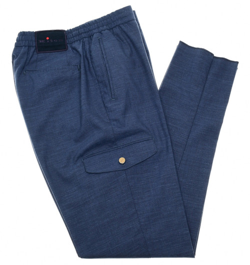 Kiton Napoli Blue Wool Silk Linen Stretch Drawstring Cargo Pants