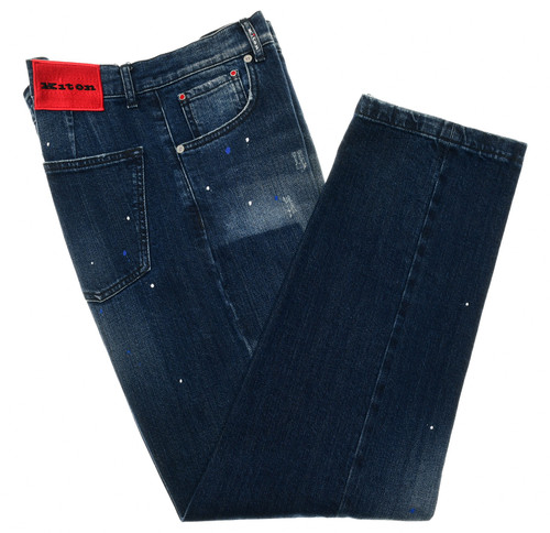Kiton Blue Distressed with Paint Spots Wide Leg Jeans Cotton Stretch Denim