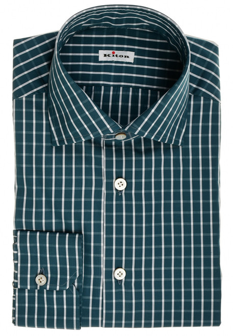 Kiton Napoli Green White Check Fine Cotton Men's Italian Dress Shirt