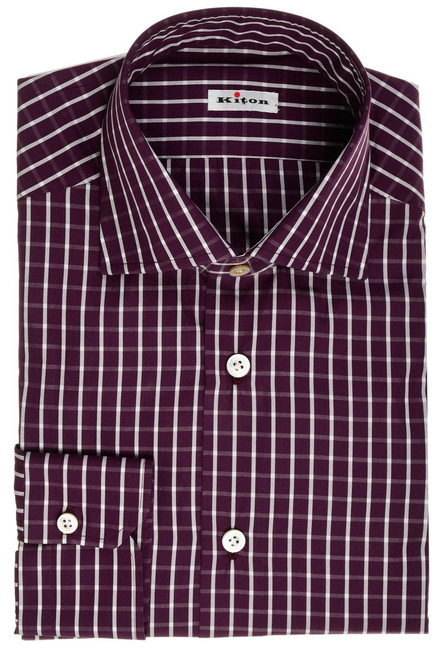 Kiton Napoli Purple White Check Fine Cotton Men's Italian Dress Shirt